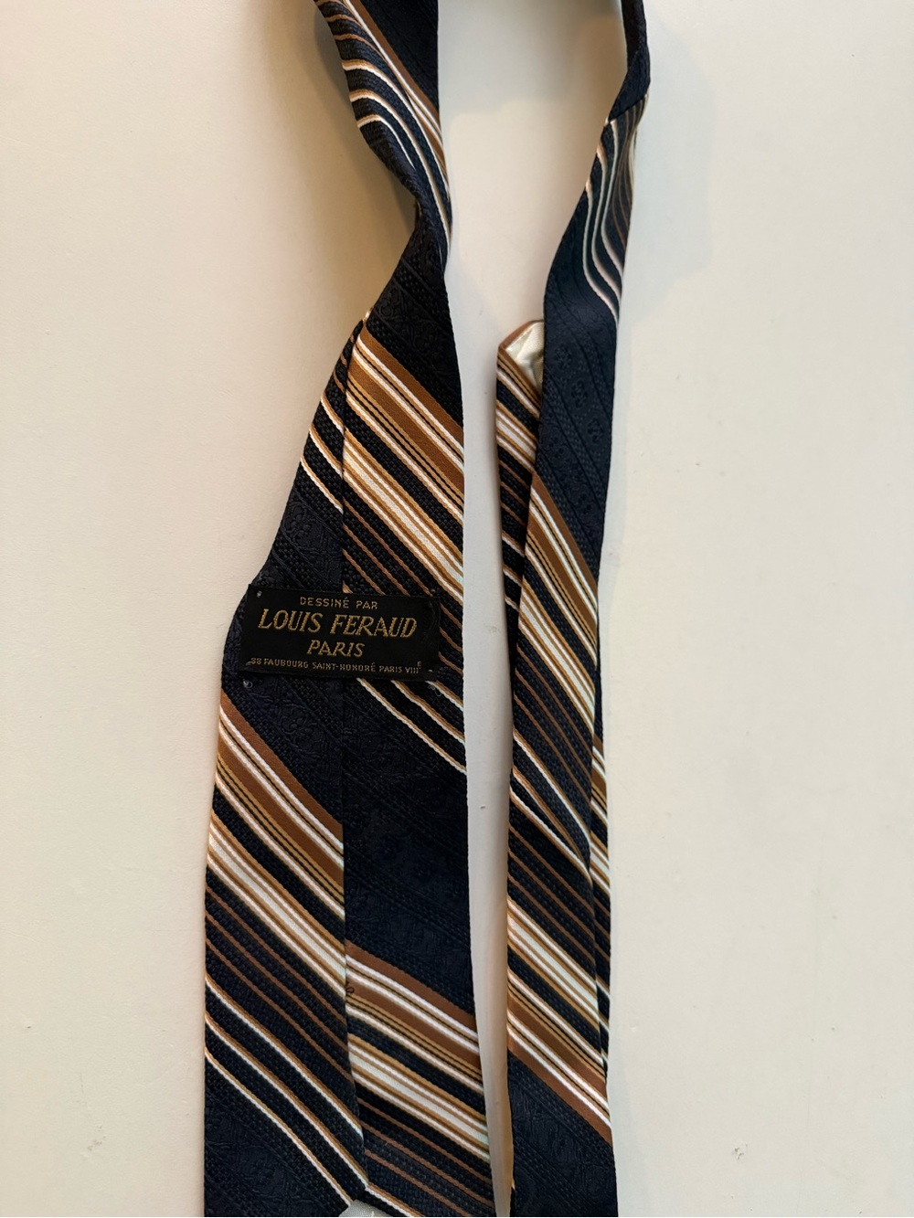 Louis Féraud Paris Designer Tie Necktie Striped Brocade Pattern Brown Gold Tan - Picture 2 of 4